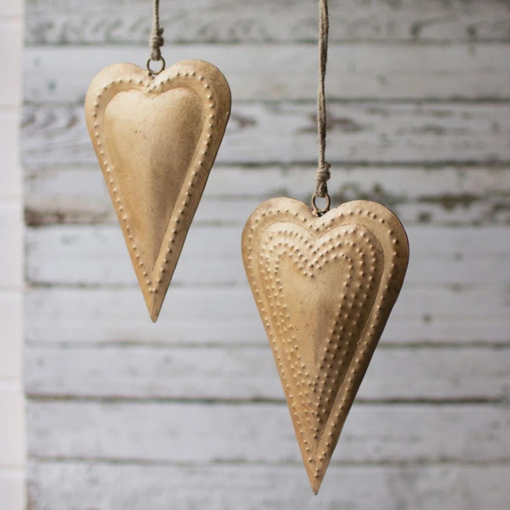 Antique Style Gold Metal Heart Wall Decor Hanging Ornament Pair